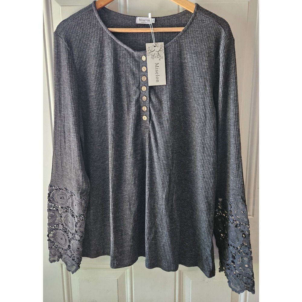 Miselon Womens 2XL Gray Rib Knit Henley Top Lace Long Sleeve Stretch NWT